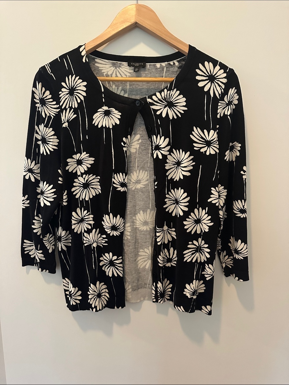 Talbots Black Cardigan with White Daisy Print